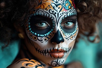 Close-up of a girl with intricate skull face paint, expressing vulnerability and defiance.