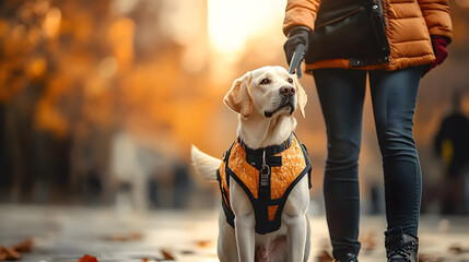 A Labrador Retriever wearing a service vest guides a visually impaired person.