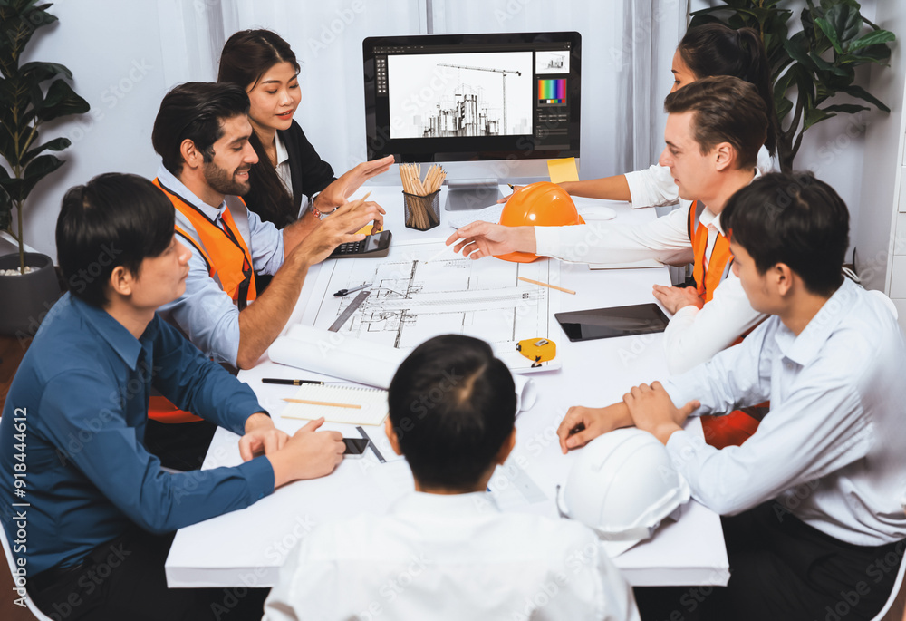 Poster diverse group of civil engineer and client working together on architectural project, reviewing cons