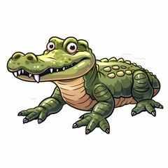 Fototapeta premium Cartoon crocodile with big eyes, sharp teeth and green scales, sitting on a white background.