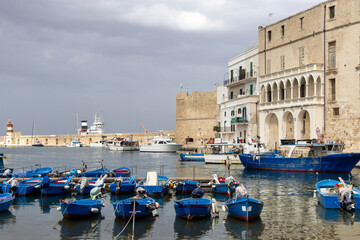 Ancient port (Porto antico) with moored blue boats, Monopoli, Italy, Apulia