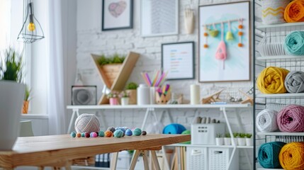 Inviting knitting studio with colorful yarn, wooden table, and geometric art frames in natural light