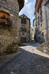 cobbled streets in the pretty Pyrenean village of Boltaña , Huesca, Spain.