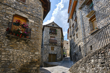 cobbled streets in the pretty Pyrenean village of Boltaña , Huesca, Spain.