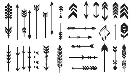 Large set of black arrow icons, featuring modern and simple arrow designs. A collection of arrow vectors and cursors.
