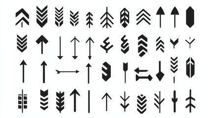 Large set of black arrow icons, featuring modern and simple arrow designs. A collection of arrow vectors and cursors.