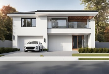 Front view of a modern white family house with an attached garage, isolated on a white background, ideal for real estate