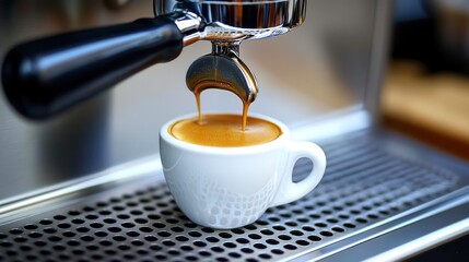 Freshly brewed espresso pours into a white cup, capturing the essence of coffee culture and culinary artistry.