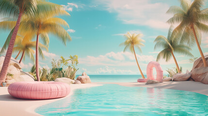 Fototapeta premium Summer vavation: Inviting swimming pool with pink inflatable rings overlooking a serene tropical beach in 3d rendering