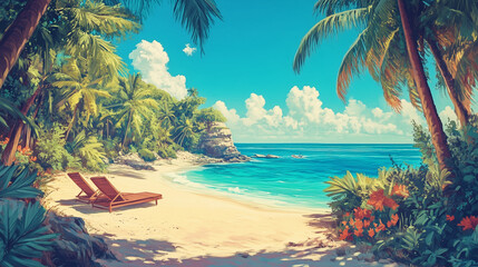 Summer vavation: Two unoccupied loungers are positioned on a stunning tropical shoreline, providing stunning views of the ocean