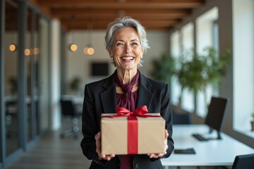 photo of woman in outfit holding gift box pressent in the office, generative AI