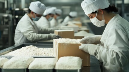 Image of workers packing flour into bags or boxes on a production line.