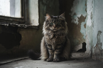 Fluffy Cat Sitting in Decaying Room, Abandoned Building