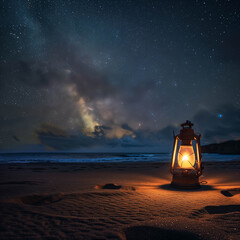 solitary lantern casting a warm glow on a sandy beach under a starry night sky ar