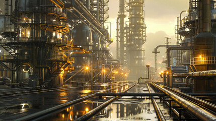 Industrial Oil Refinery at Dusk with Complex Piping and Machinery
