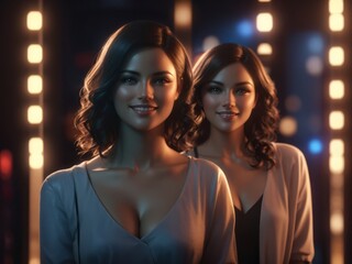 Twin Beauty in the Glow: Two radiant women, exuding elegance and charm, stand side-by-side, illuminated by a warm, soft light, creating a captivating portrait of beauty.