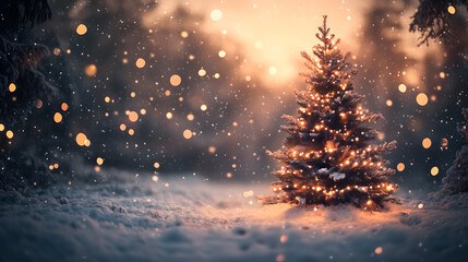 Enchanted Winter Scene with a Snow-Covered Christmas Tree and Lights