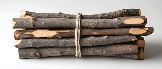 A Bundle of Firewood Tied with Rope Isolated on White Background