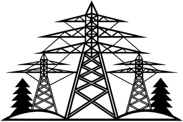 power tower black silhouette illustratuin,Electrical Towers, Power Towers black on white. Vector illustration isolated, eps