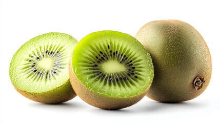 Fresh Kiwi Fruit Close-up with Halved and Sliced Pieces on a White Background