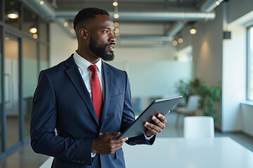 photo of man in navy suit outfit and red tie holding tablet in the office, generative AI