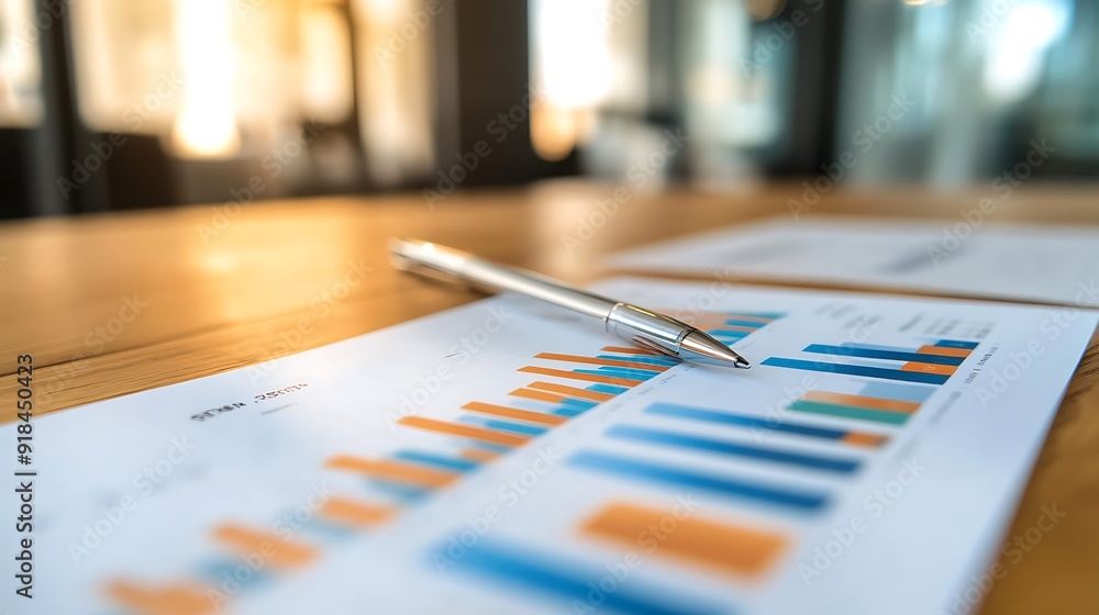 Poster silver pen resting on a bar graph document on a wooden table