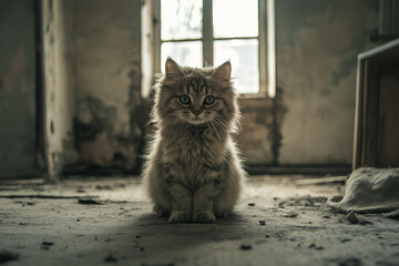 Kitten with fluffy fur sitting in an abandoned room