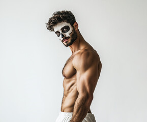 Young muscular man with skull face paint posing shirtless isolated on white, halloween sexy costume. 