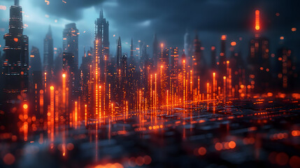 Fototapeta premium Futuristic Cityscape with Glowing Red Lights and Dark Sky