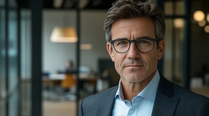 Fototapeta premium Confident Businessman: A portrait of a mature, confident businessman in a sleek suit and glasses. His determined gaze and composed expression convey leadership, success, and experience. 