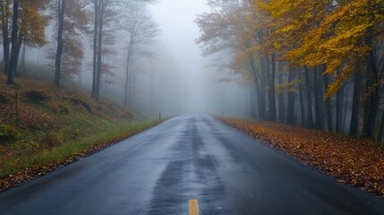 Fototapeta premium Foggy Road Through Autumn Trees