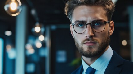 Fototapeta premium The Determined Visionary: A young businessman in a modern office, his sharp gaze reflecting ambition and focus.