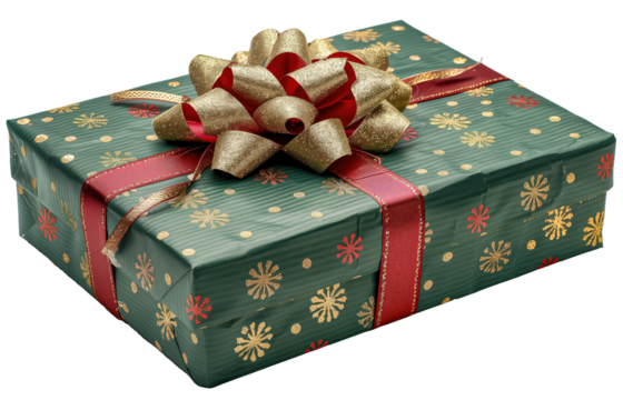 Festive Gift Box Wrapped In Green Paper With Gold And Red Snowflake Patterns, transparent background