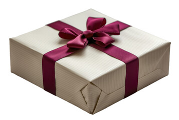 Obraz premium Neatly Wrapped Gift Box Covered Wrapping Paper With Rich Burgundy Satin Ribbon, transparent background