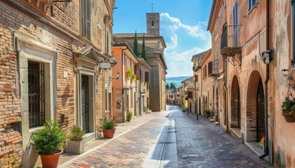 Charming cobblestone street in an Italian village during a sunny afternoon