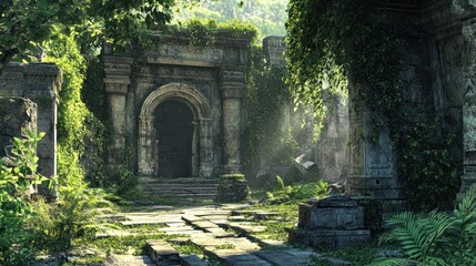 3D Ancient Ruins with Overgrown Vines Wallpaper