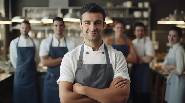 A chef in a white shirt and black apron stands confidently in a kitchen, with team members working in the background. Perfect for showcasing leadership, culinary professionalism, and restaurant teamwo