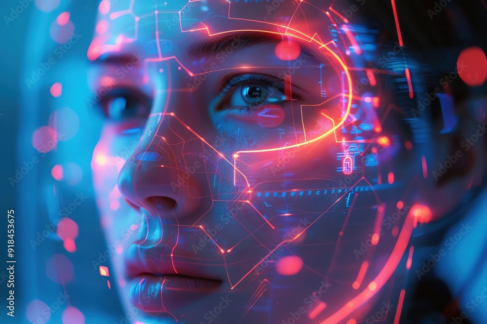 Poster a futuristic portrait of a person with digital patterns and vibrant colors, representing technology 