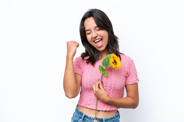 Young hispanic woman holding sunflower isolated on white background celebrating a victory