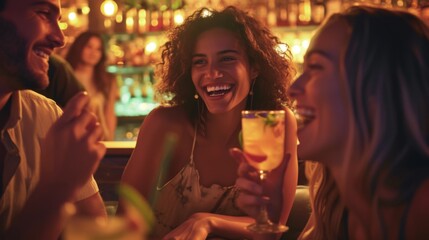 Friends enjoying drinks and socializing in a vibrant nightclub setting