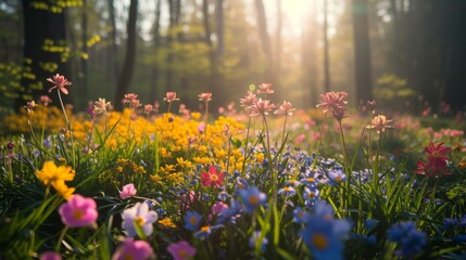 Obraz premium Colorful spring flowers blooming in a forest