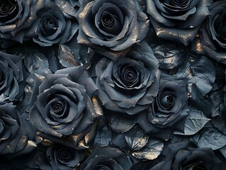 A close up of black roses. The roses are arranged in a way that creates a sense of depth and texture. Scene is dark and mysterious, with the black roses
