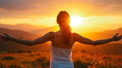 Fototapeta premium Happy woman standing with her back on sunset in nature iwith open hands. 