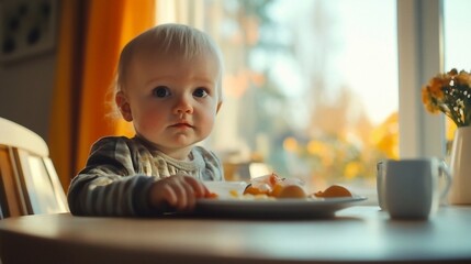 a 1 year old child sits at the table, having lunch
