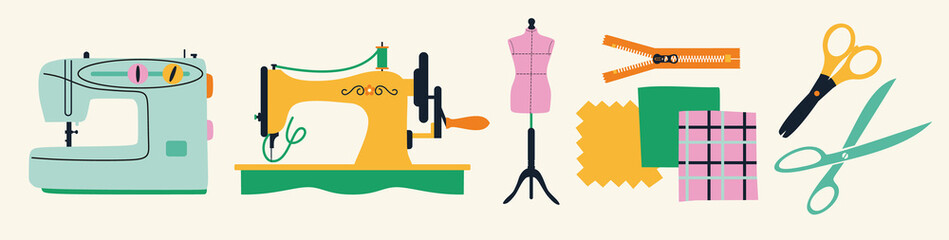 Illustrations set banners of sewing tools icons tailor hand made workshop