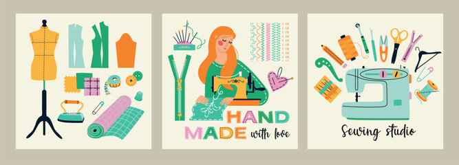 Illustrations set banners of sewing tools icons tailor hand made workshop