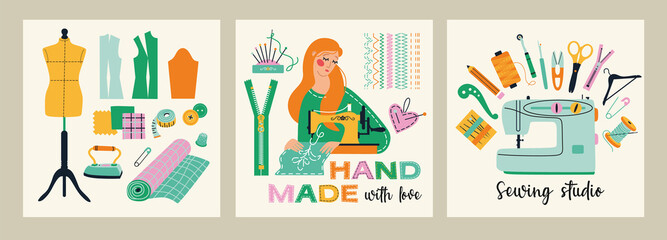 Illustrations set banners of sewing tools icons tailor hand made workshop