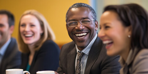 Obraz premium Happy Multicultural Office Coworkers Sharing Laughter During Break.