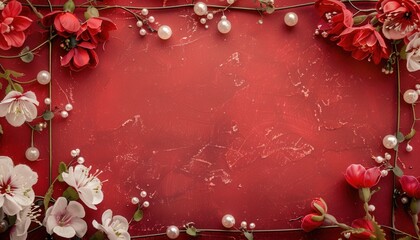 Floral arrangement with pearls on a red backdrop for decoration and design