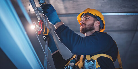 Fototapeta premium Male Electrician Working on Ceiling, Using Safety Harness and Tools